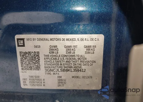 2019 Chevrolet Trax Lt z USA, uszkodzony, nr VIN 3GNCJLSB8KL359412